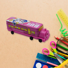 Double decker bus-shaped pencil case with sharpener.