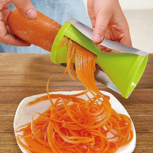 Handheld spiralizer with stainless steel blades for slicing vegetables and fruits.